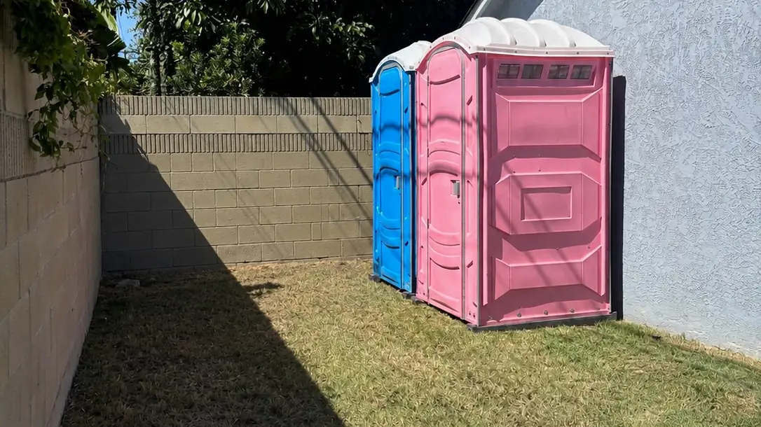 Pink and blue portable toilets set along a backyard fence