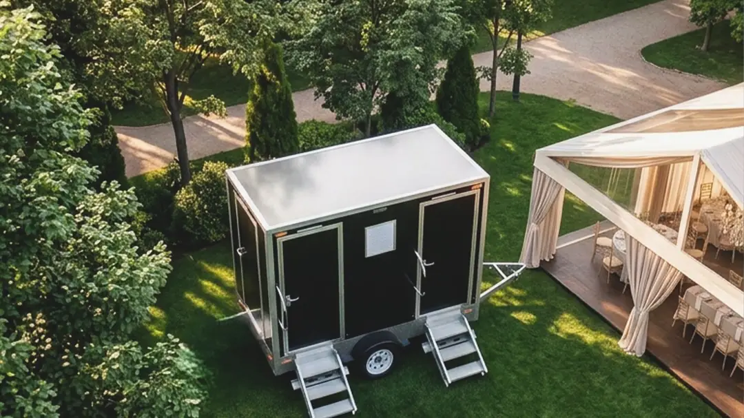 Restroom trailer parked beside a garden party tent